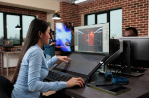 woman on computer web development company