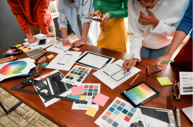 table with marketing materials